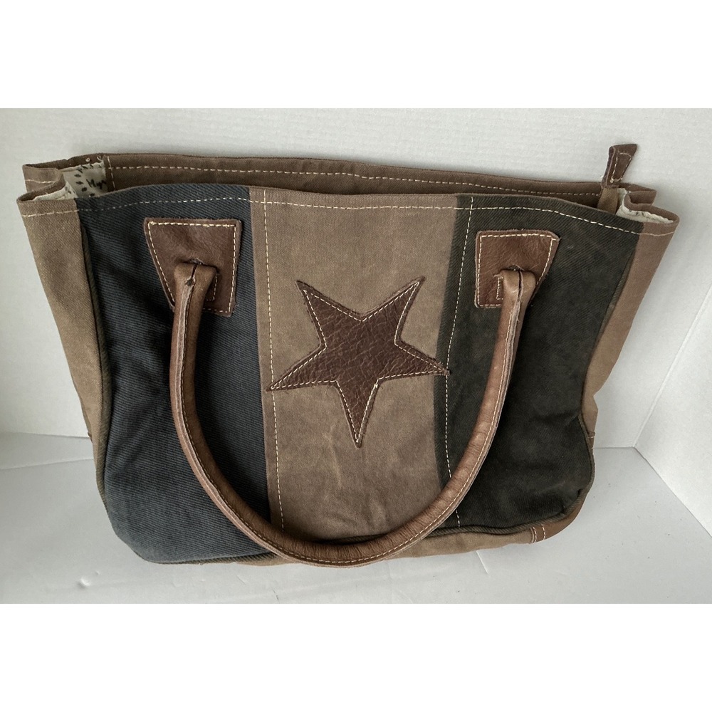 Myra Bag Canvas Leather Star Tote Bag Brown Earth Tones Western Rustic‎ Large